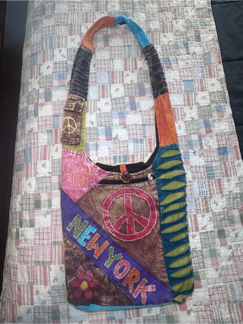Multicolor Patchwork Shoulder Bag with Peace Motif